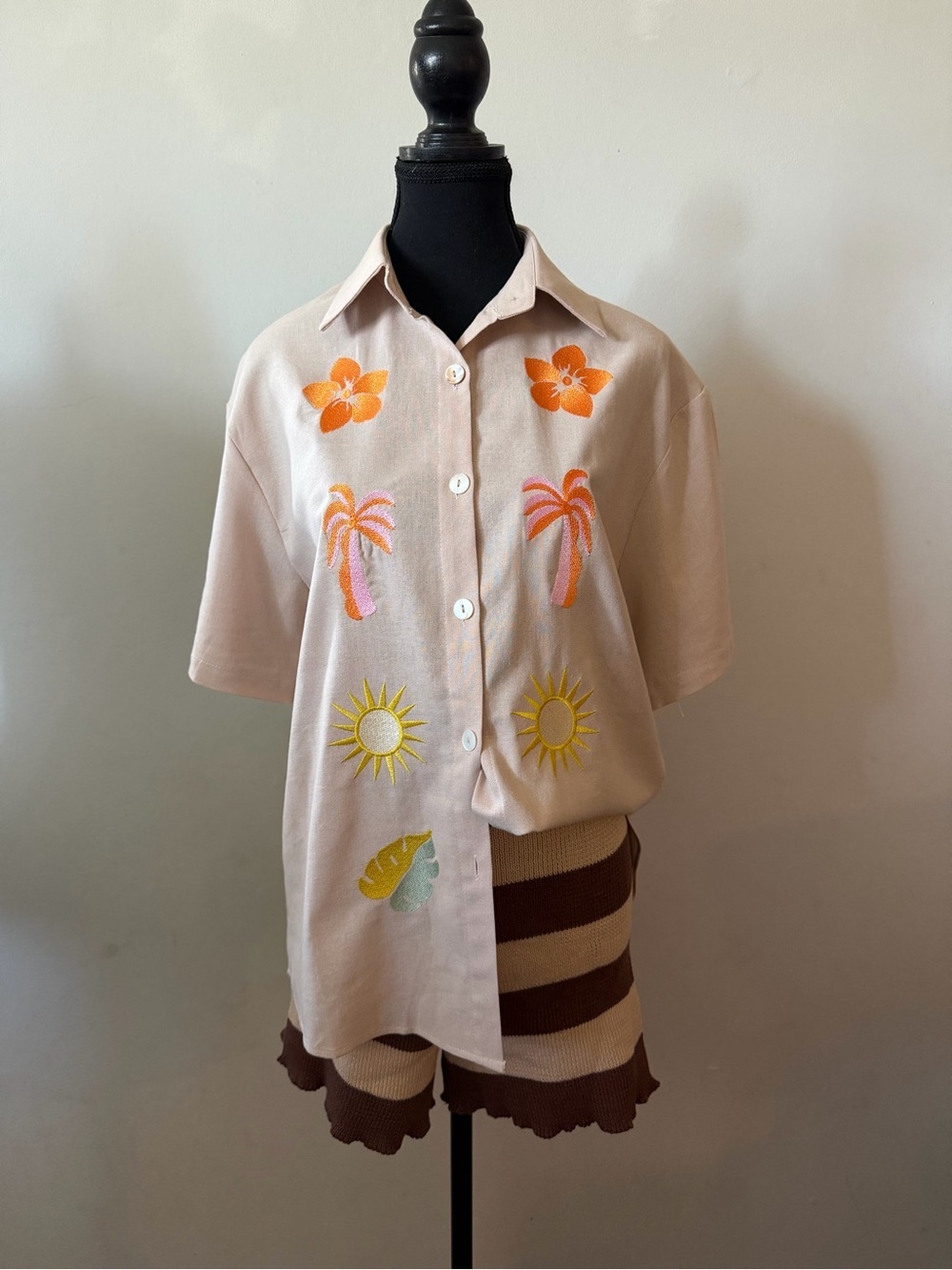 Beige Embroidered Shirt with Knit Stripe Shorts Set